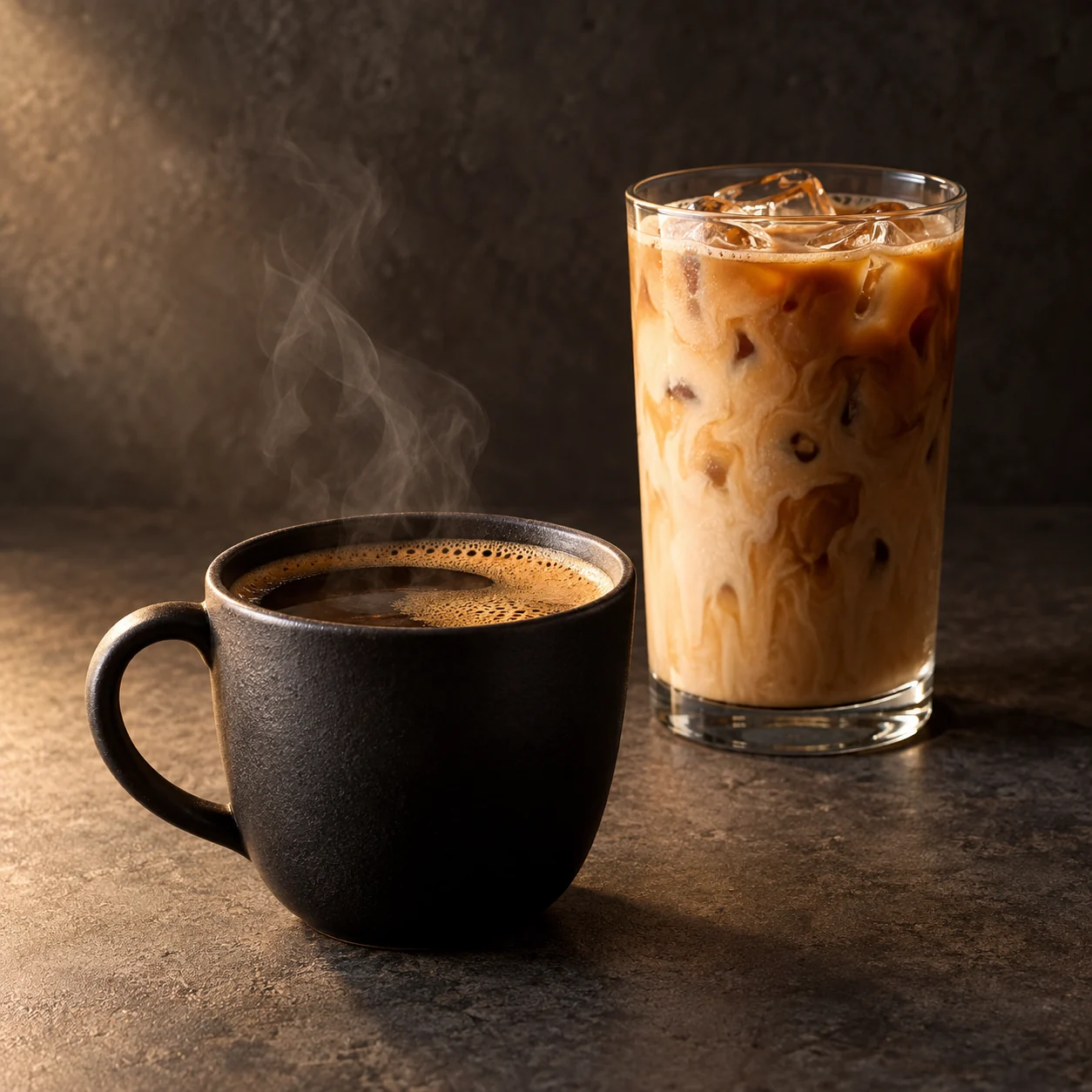 Hot coffee in a charcoal ceramic cup, beside a glass of iced coffee