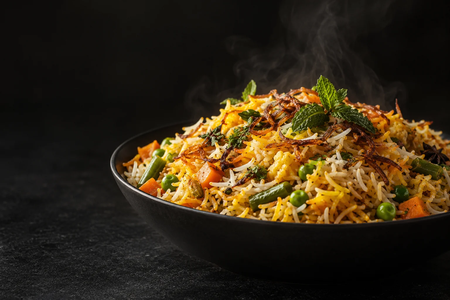 A full bowl of vegetable biryani with long basmati rice, mint and fried onions