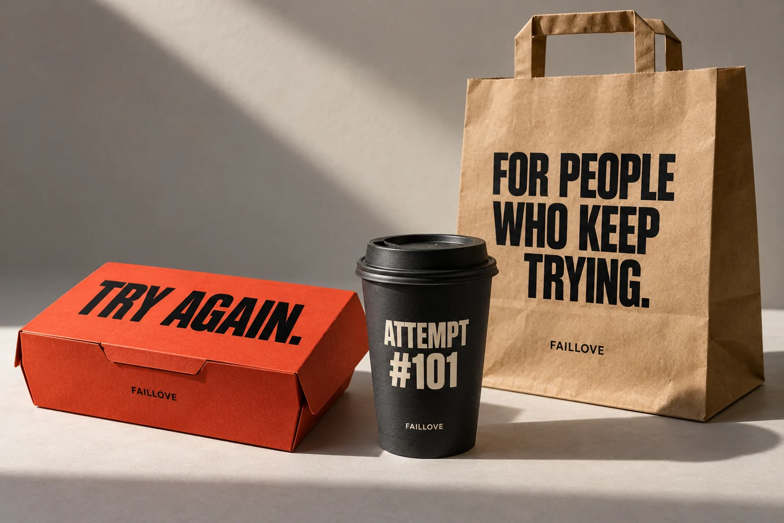 Concept packaging: a red TRY AGAIN biryani box, ATTEMPT #101 coffee cup, and a kraft bag reading FOR PEOPLE WHO KEEP TRYING