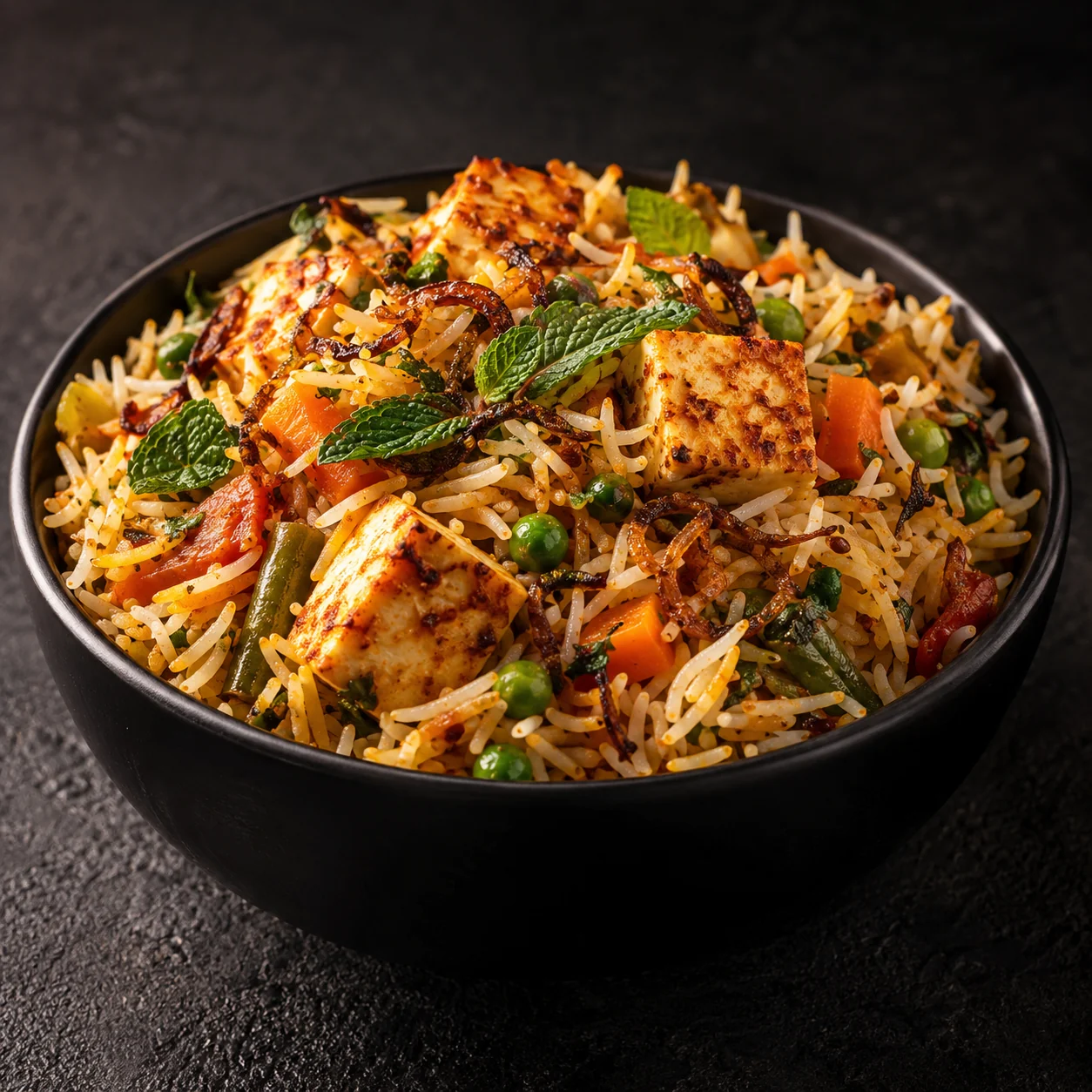 Paneer biryani topped with golden paneer cubes, mint and spices